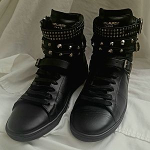Saint Laurent Paris Black Leather SL/16H Studded High Top Sneaker sz 39